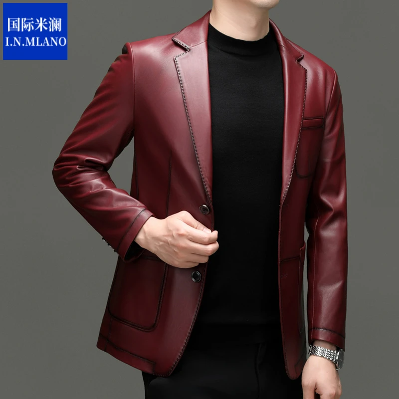 秋冬季新款真皮皮衣绵羊皮时尚潮流休闲红色帅气商务男士西服外套