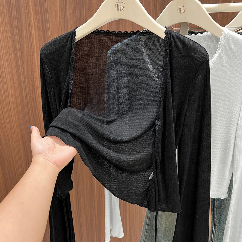 柔软薄款微透V领长袖开衫秋季新款黑色V领凉感针织罩衫宽松短外套