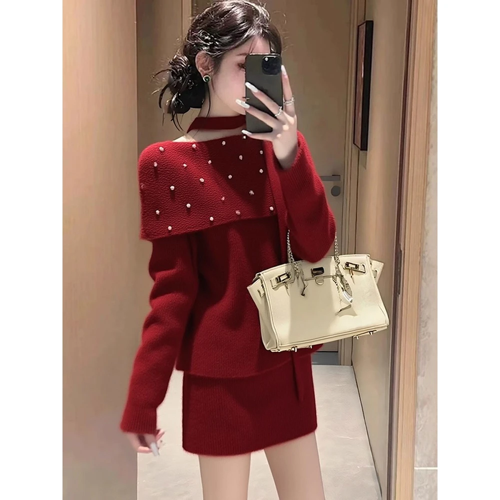 法式红色针织套装女2025年新款秋冬淡人高知穿搭上衣半身裙两件套