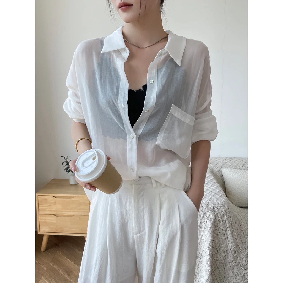 白色POLO领防晒衬衫女2025新款夏季薄款宽松棉麻开衫外套长袖上衣