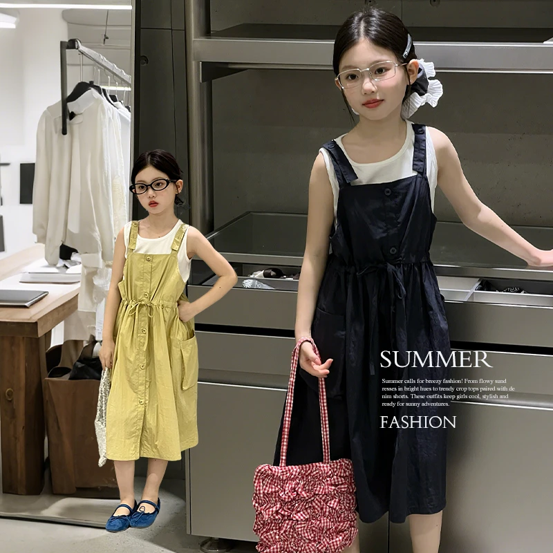 中大童夏季韩版女休闲风套装宽松学生背带裙时尚洋气两件套5158