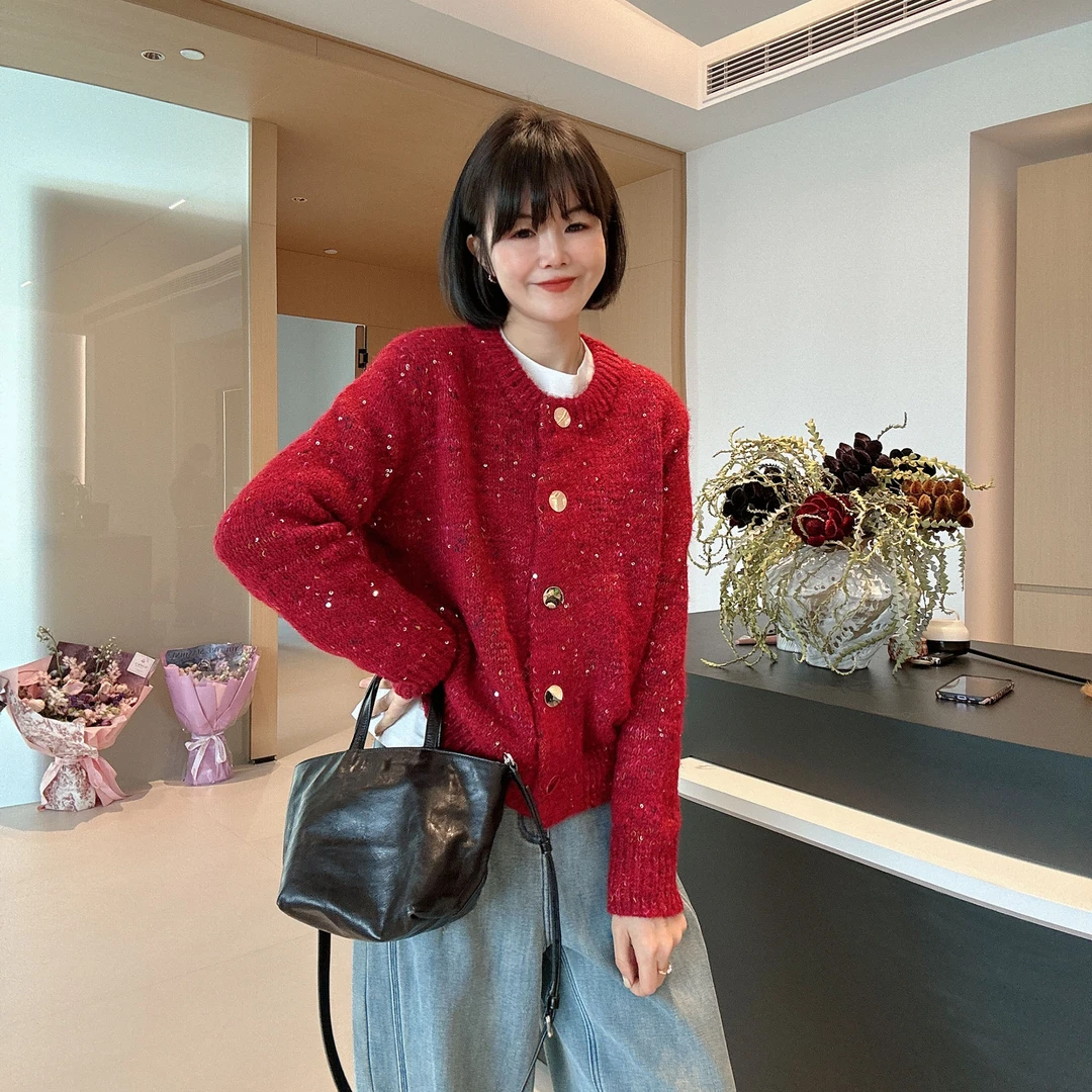秋冬宽松高级感加厚重工亮片时尚红色毛衣外套