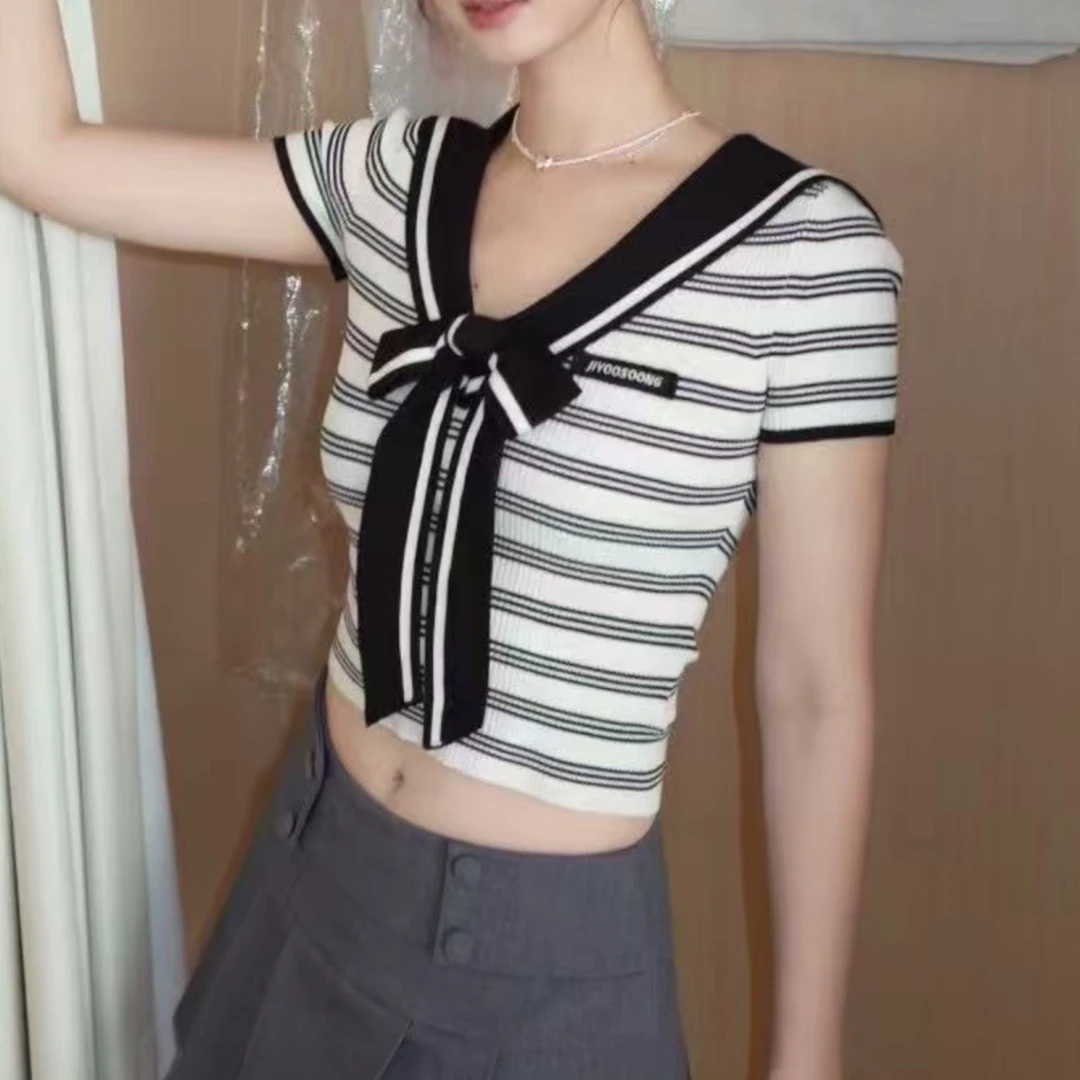 【济州岛】小众法式海军风条纹辣妹显瘦针织上衣（偏小）