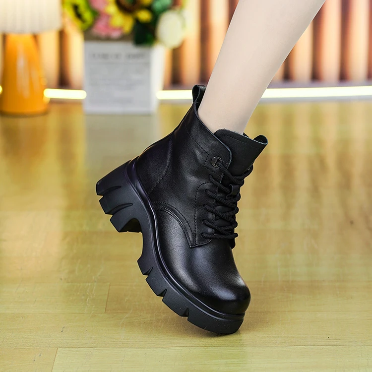 5318新款头层牛皮一体粗跟短靴女真皮系带舒适保暖棉靴厚底马丁靴