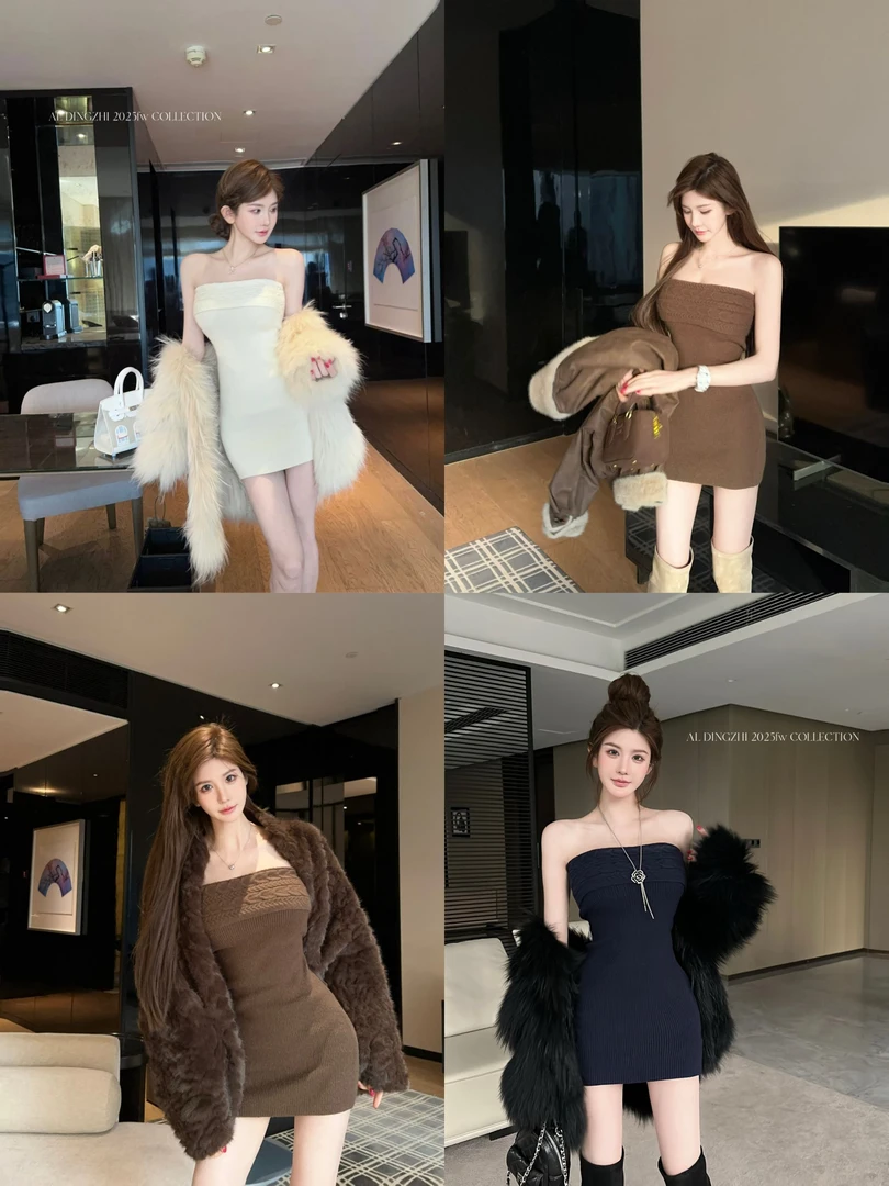 AL DINGZHI【潮流貂蝉】性感麻花针织抹胸连衣裙紧身包臀毛衣短裙