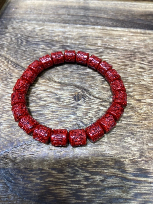 天然辰砂8mm六字真言直切原矿晶体砂朱砂手链