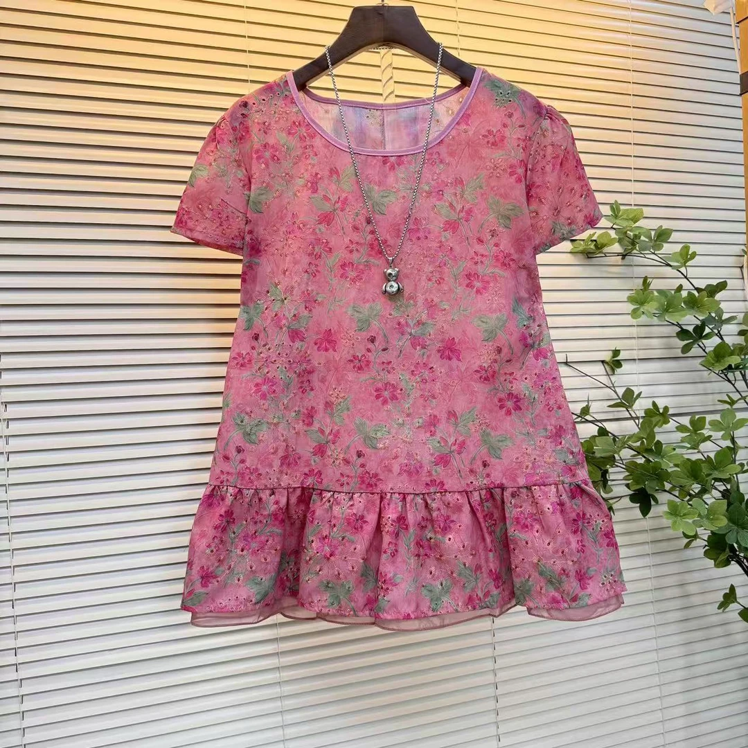 欧货韩系甜美碎花娃娃服版底摆荷叶边欧根纱拼接度假风小衫上衣