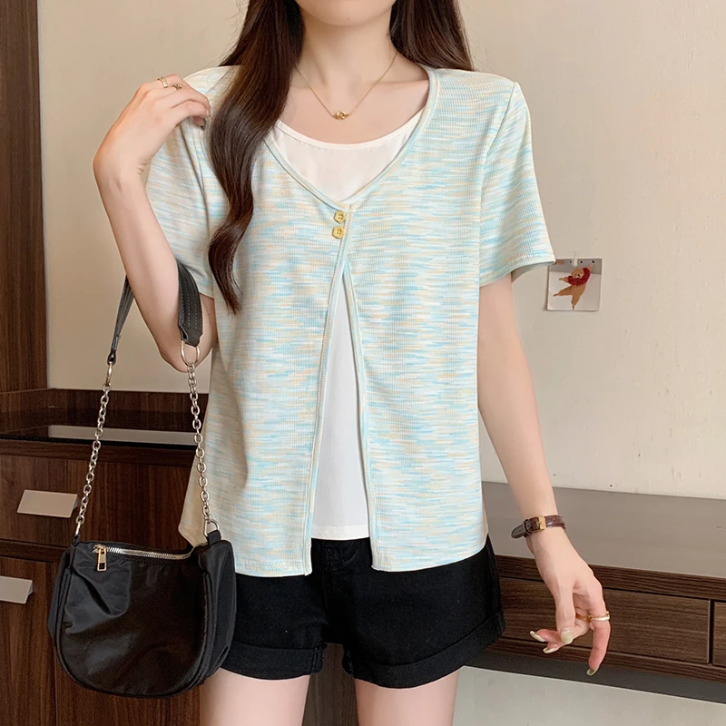 2025新款胖mm大码女设计感假两件拼接百搭短袖T恤上衣女装A0639