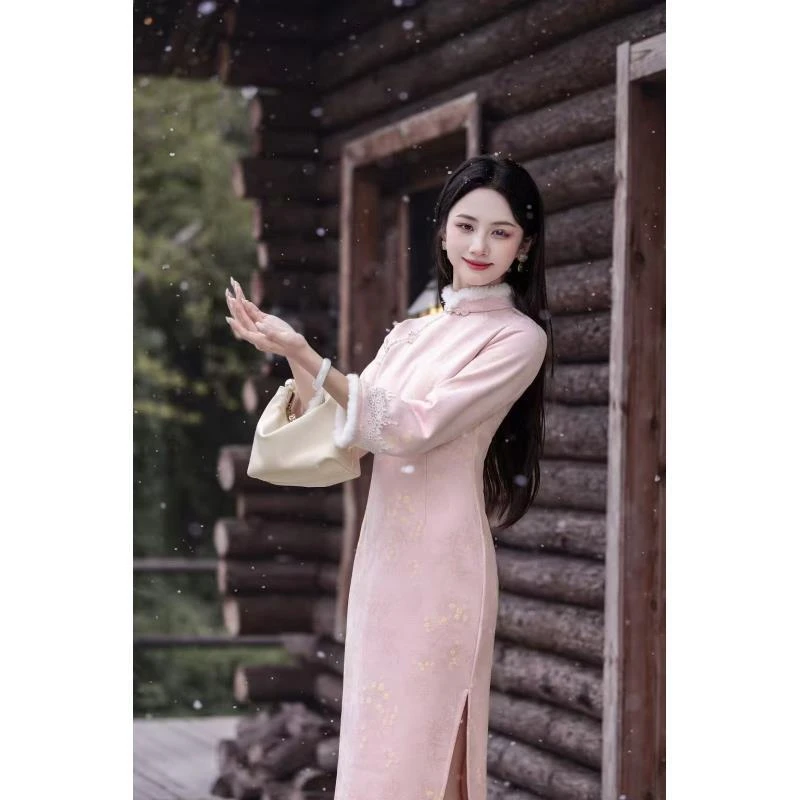 苏故里【芷柔含芳】新款冬季加绒修身显瘦气质改良新中式旗袍长120