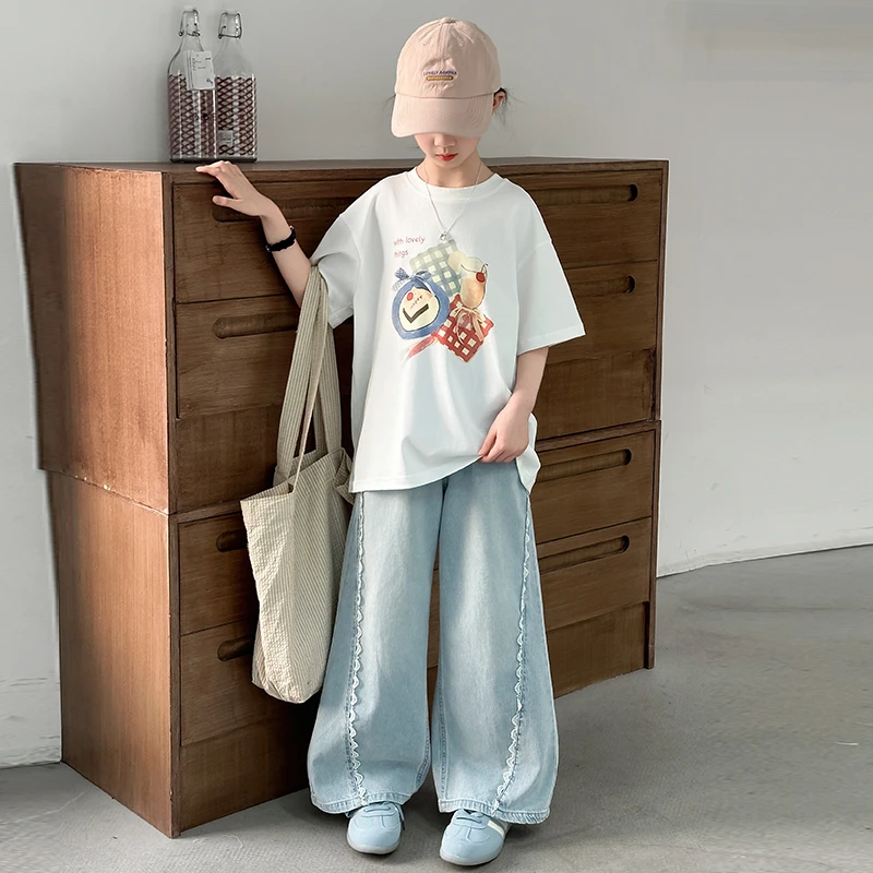 女童夏季套装新款卡通T恤上衣休闲宽松阔腿牛仔裤中大童女孩洋气
