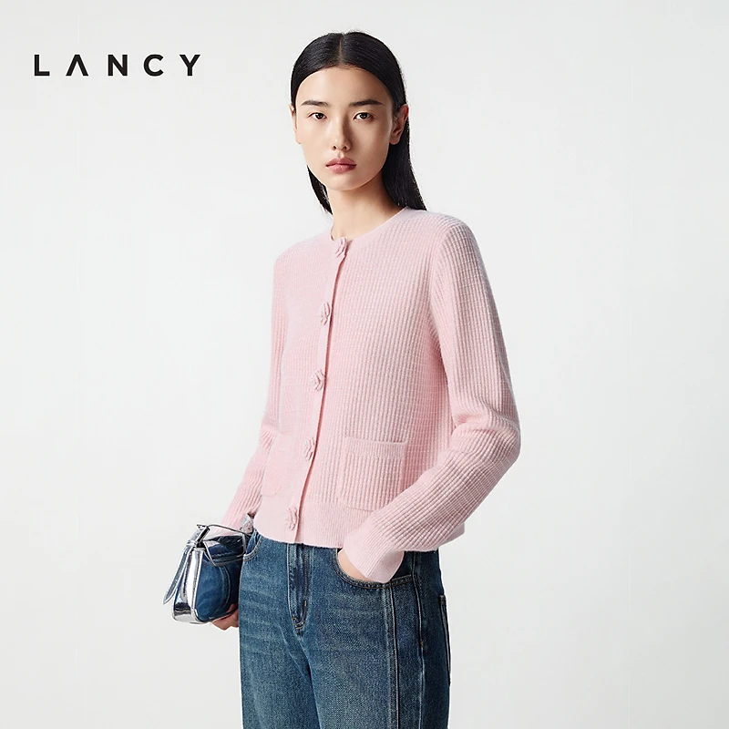 【纯羊毛】LANCY/朗姿2025冬新款小香风针织开衫女秋华夫格短上衣