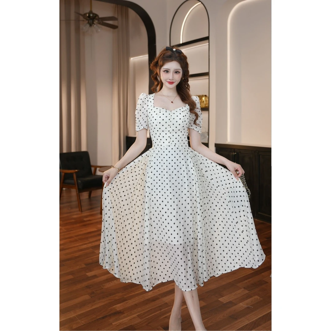【晚晚定制】法式初恋气质高级感波点连衣裙新款流行茶歇大摆裙9042
