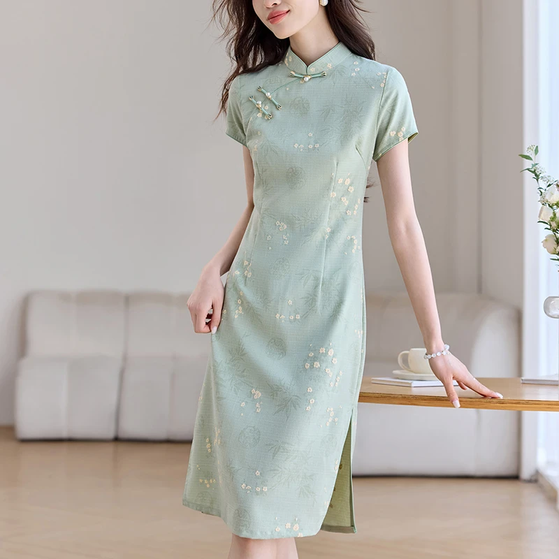 旗袍女小个子夏装气质轻奢高级感长裙2025新款碎花雪纺连衣裙显瘦