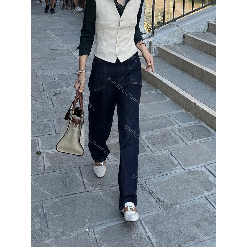 SHIIEELL【理想牛仔】极简风棉质复古蓝大口袋小直筒牛仔裤ZC212