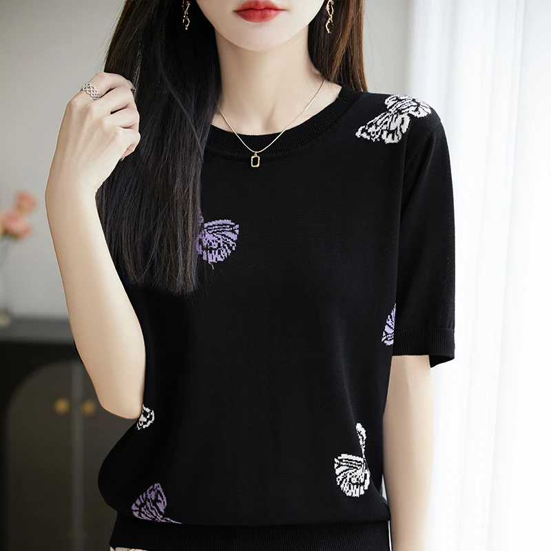 哥弟阿玛施正品夏季新款针织衫T恤圆领蝴蝶刺绣提花百搭显瘦上衣