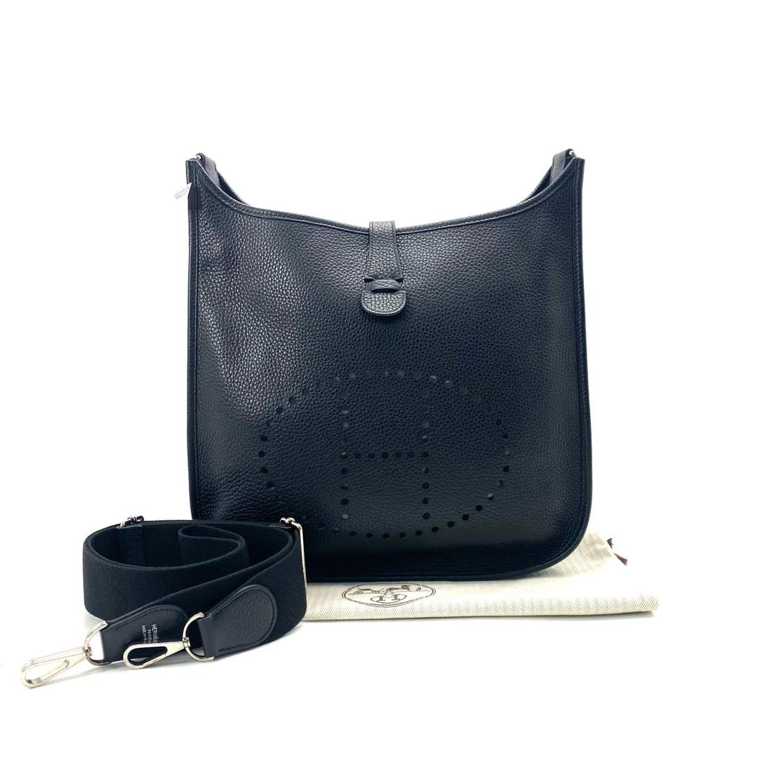 99新 Hermes/爱马仕 黑色全皮银扣伊芙琳单肩包男包 尺寸29/30