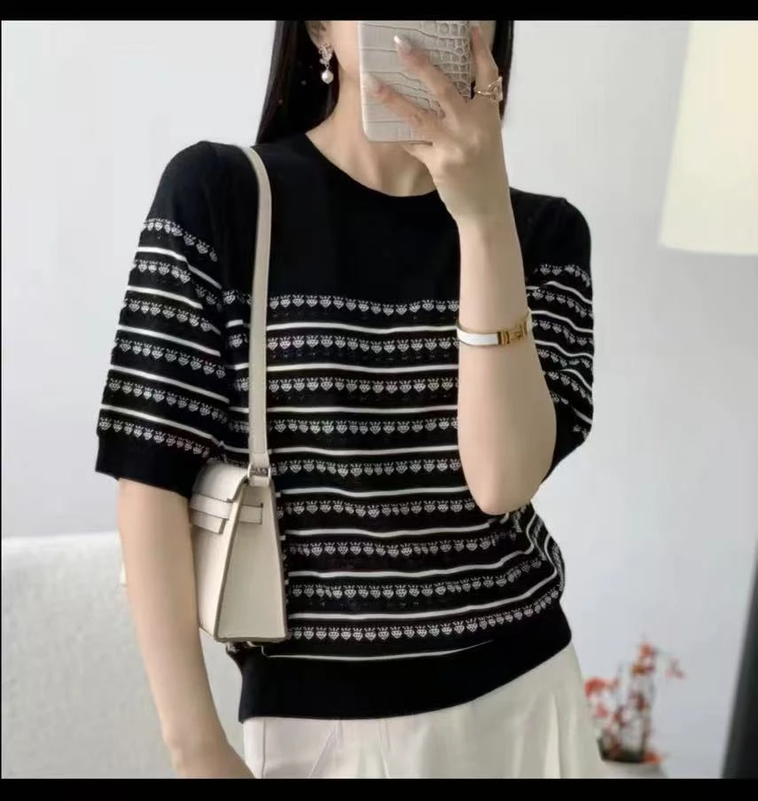 春夏新款圆领短袖体恤条纹提花莱赛尔天丝针织衫打底衫薄款上衣女