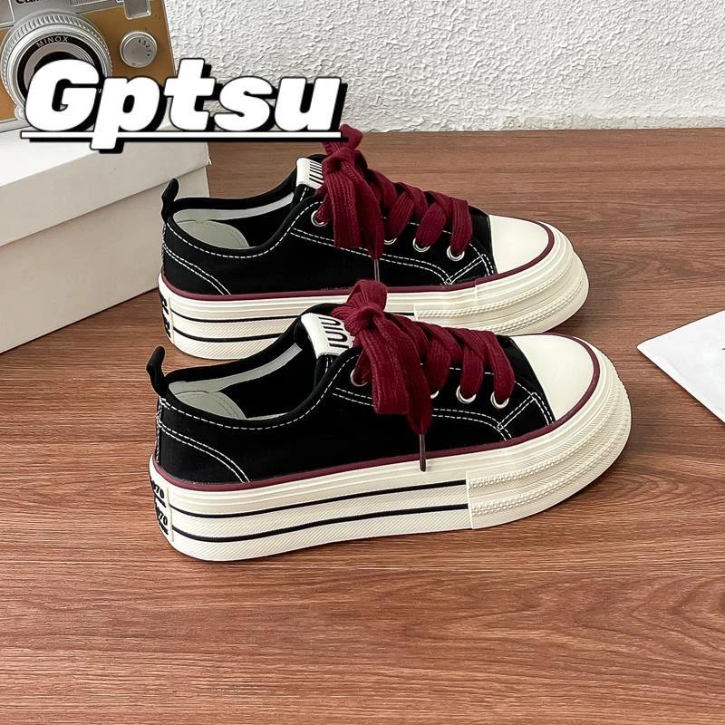 GPTSu夏季新款厚底黑色帆布鞋女款百搭时尚休闲运动板鞋小白鞋女