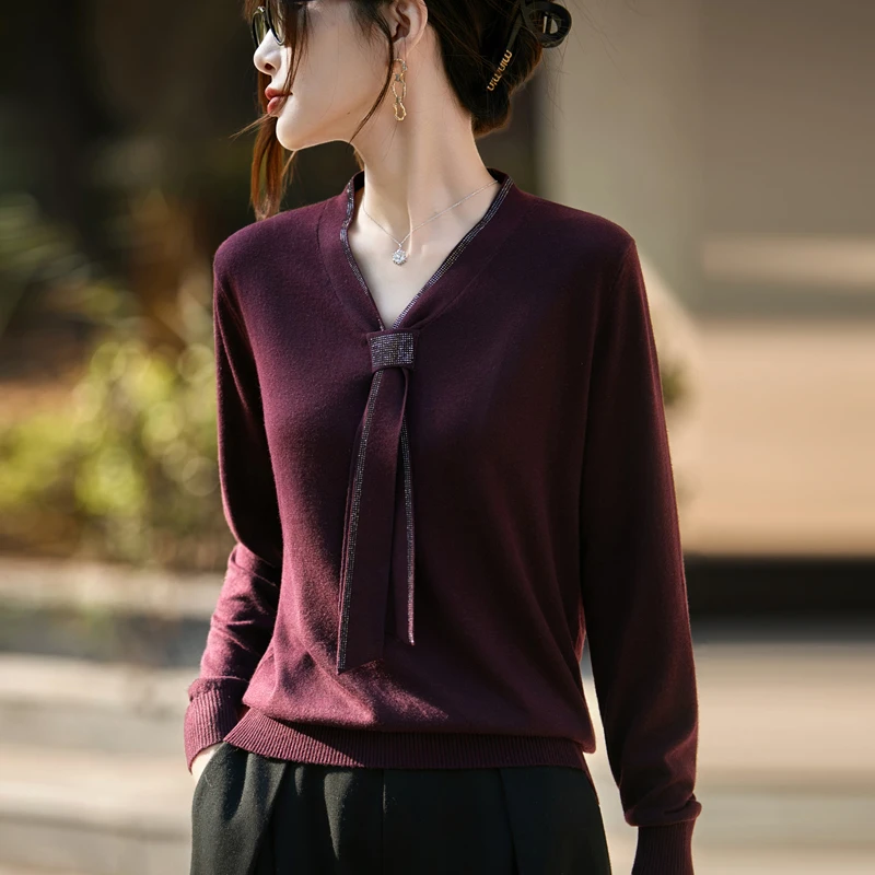 好看到爆~高端品质秋季长袖撞色飘带烫钻女拼接套头针织衫上衣 v1