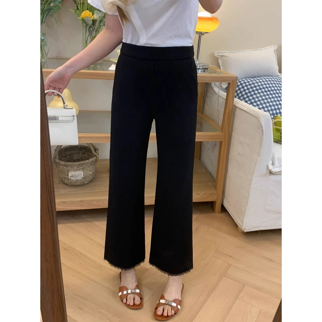 2025夏季薄款蕾丝拼接九分微喇裤梨型身材高腰显瘦弹力阔腿小黑裤