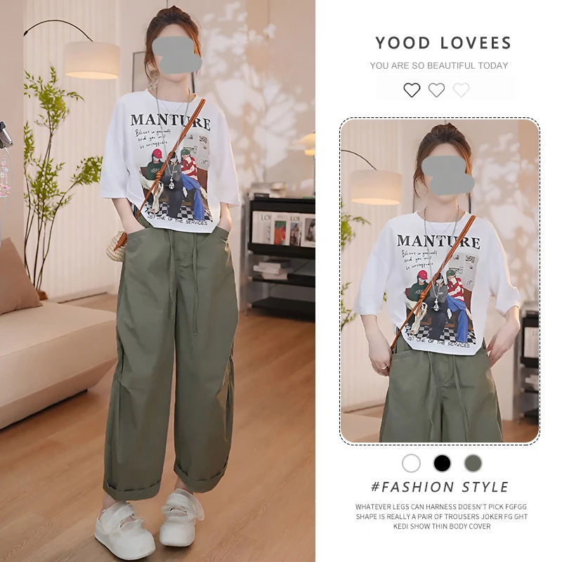 酷辣拽姐穿搭套装2025夏季时尚减龄卡通印花短袖T恤阔腿裤两件套