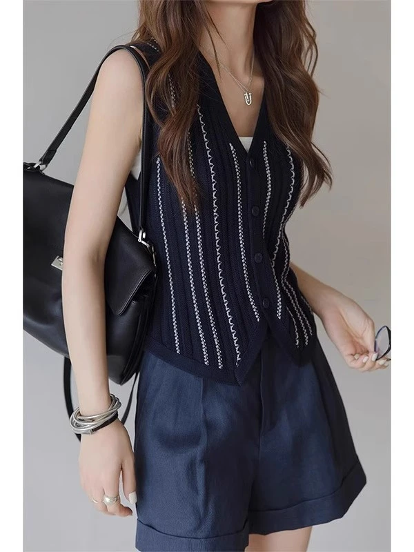 复古撞色蓝条纹针织马夹背心女夏外穿2025新款气质V领老钱风上衣