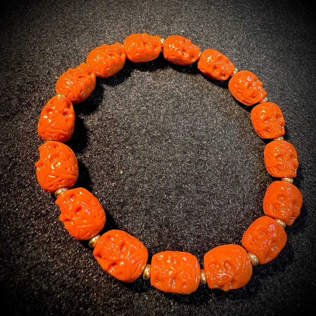 四九城收藏南红柿子黄雕刻尸陀林主手串男女同款
