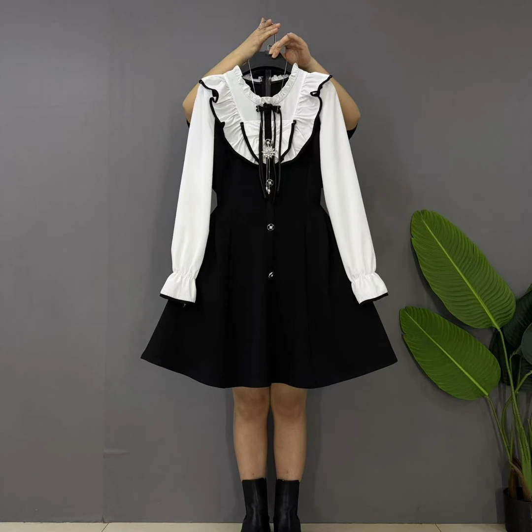 2025新款大码女装时尚洋气木耳花边收腰显瘦连衣裙