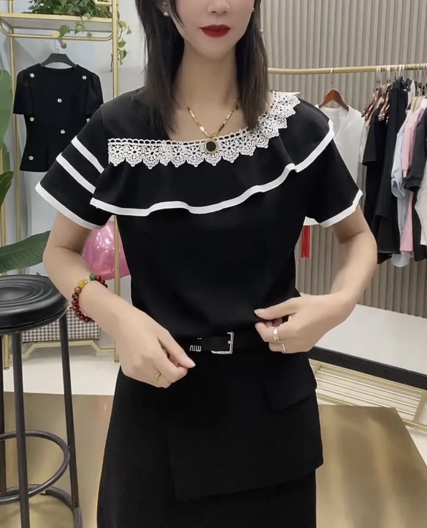 时尚法式重工设计感蕾丝拼接荷叶边打底上衣气质减龄百搭显瘦T恤