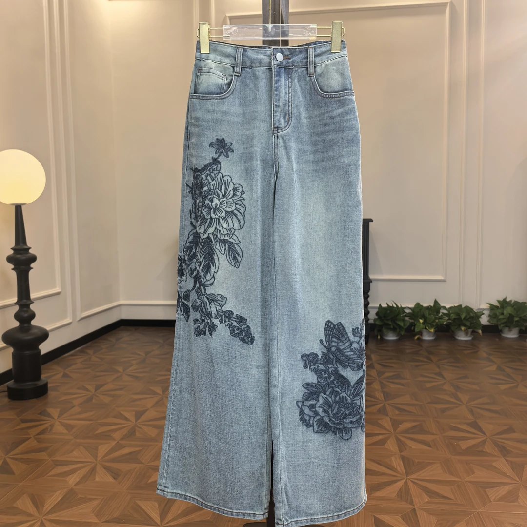 【禾予川集】阔腿裤性感风刺绣长裤牛仔裤时尚高腰水洗夏季
