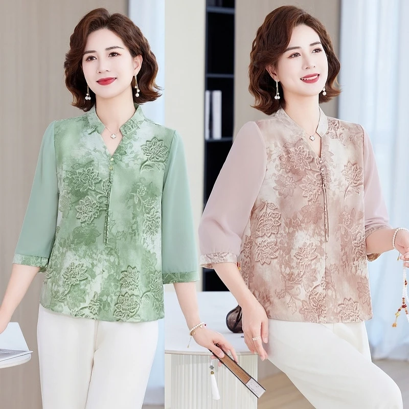 妈妈装夏装洋气七分袖上衣50-60岁中老年人夏季宽松显瘦打底衫T恤