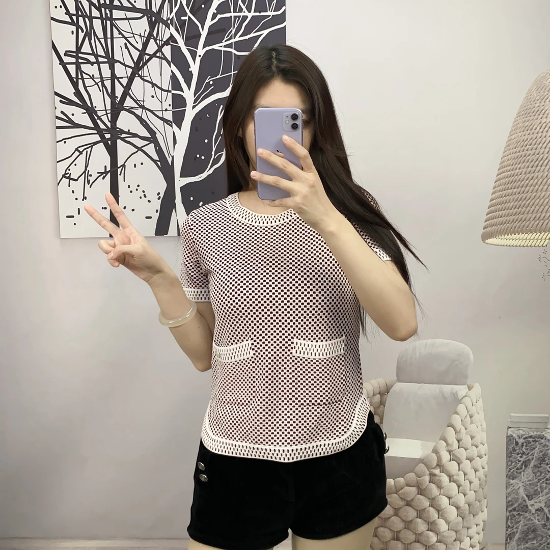 95新 Chanel/香奈儿 麦殿/人造丝女款短袖上衣34码/250125CHZ5J01