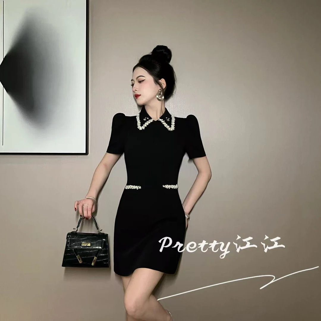 Pretty小众设计师品牌江江定制 修身轻奢收腰法式小黑裙65371