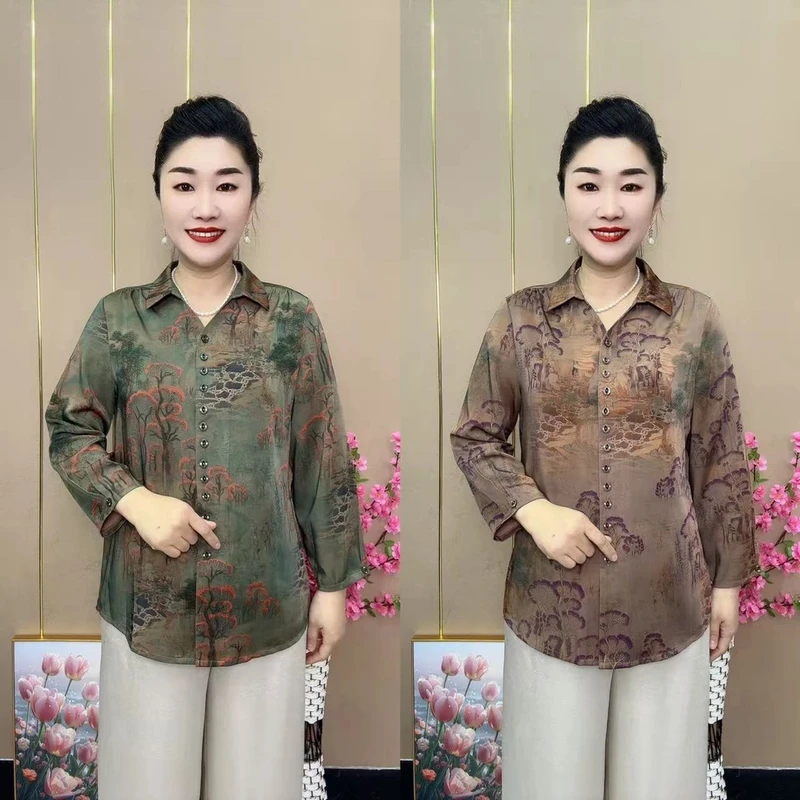 长袖宽松翻领聚酯纤维妈妈装显气质大码中老年薄款休闲山松树