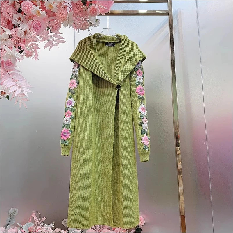 A380欧美设计师2025早春新款重工钉珠刺绣花朵连帽中长款毛衣开衫