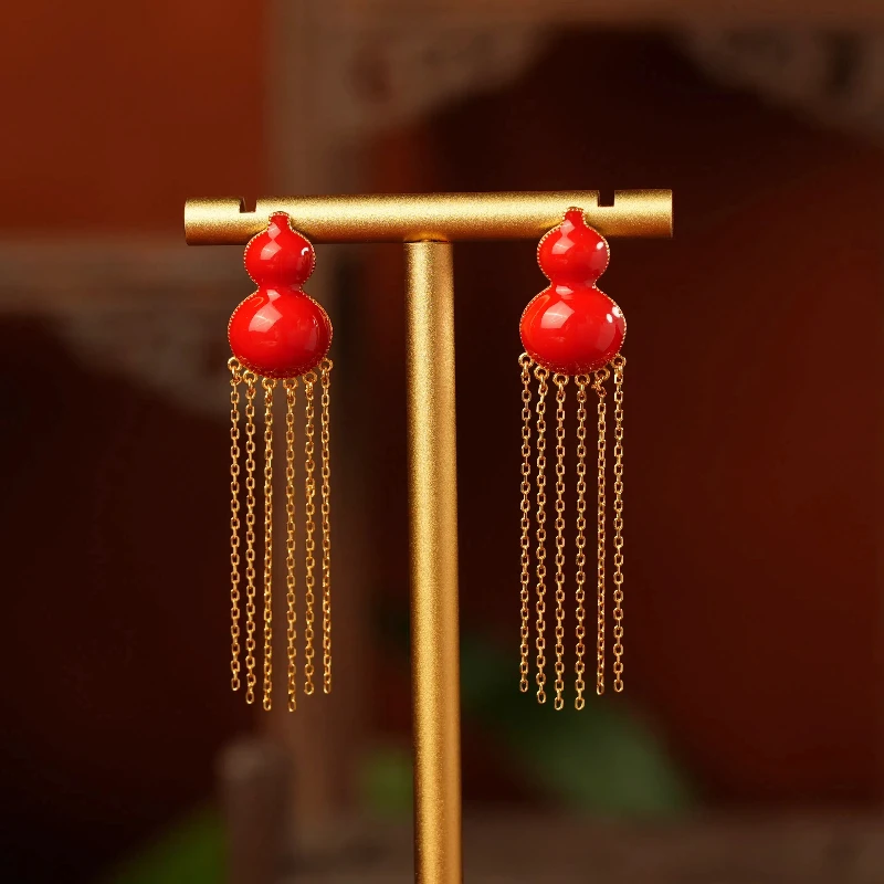 在忆 925银耳饰 复古红色珐琅葫芦流苏长款耳饰