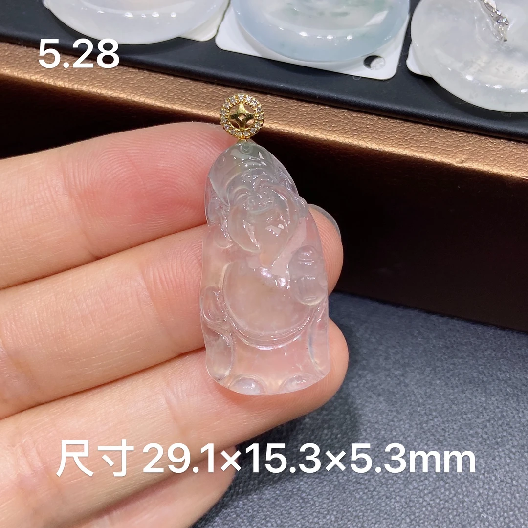 缅甸天然A货翡翠，18k金玻璃种财神爷吊坠，冰透精美女士款R