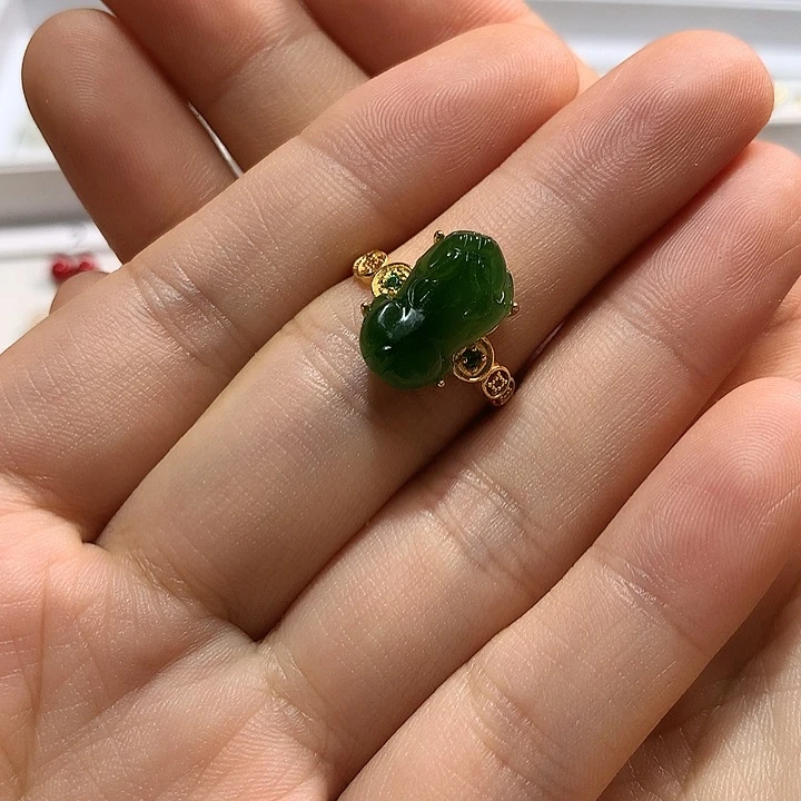 银S925镀金镶嵌戒指和田玉（碧玉）娥