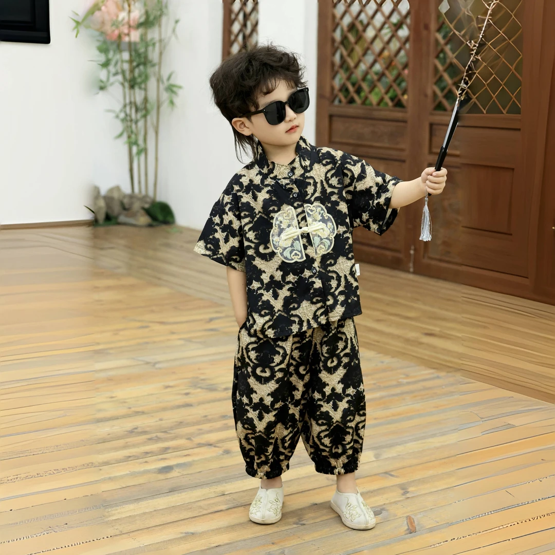 夏季通用套装汉服韩版童装夏装薄款男女童碎花中性帅气中国风