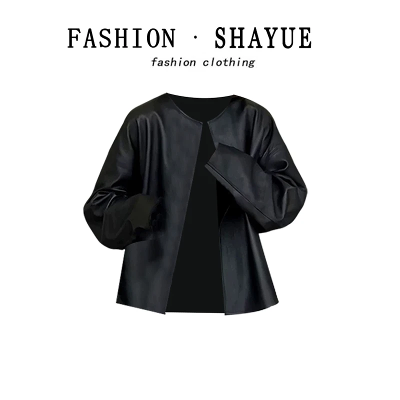 今年流行爆款高级感赫本风薄款黑色圆领机车皮衣夹克外套女2025春