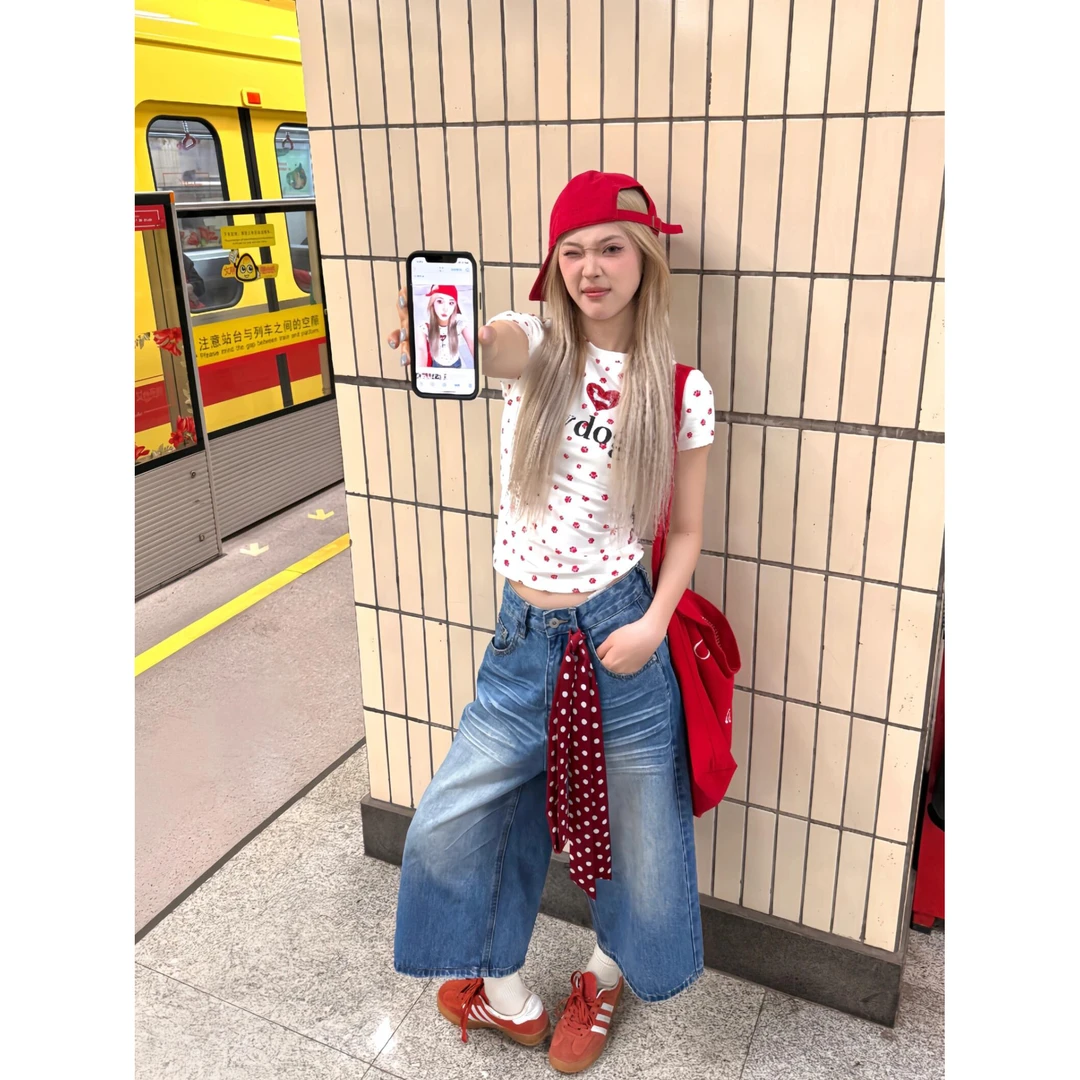 美式复古水洗褶皱牛仔七分裤女夏季慵懒风宽松阔腿显瘦直筒中裤子