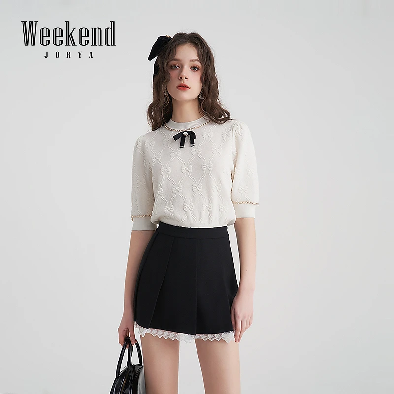 卓雅周末夏季新款圆领拼接链条蝴蝶结提花针织衫上衣EJWEBF46