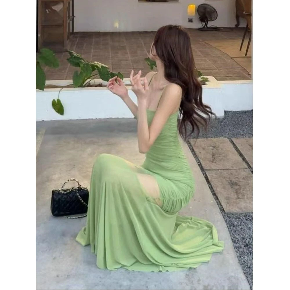 性感纯欲网纱拼接吊带连衣裙女2025夏季新款收腰显瘦气质鱼尾长裙