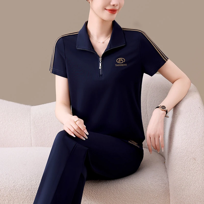 妈妈夏装运动休闲短袖t恤女宽松运动服套装中老年休闲上衣两件套