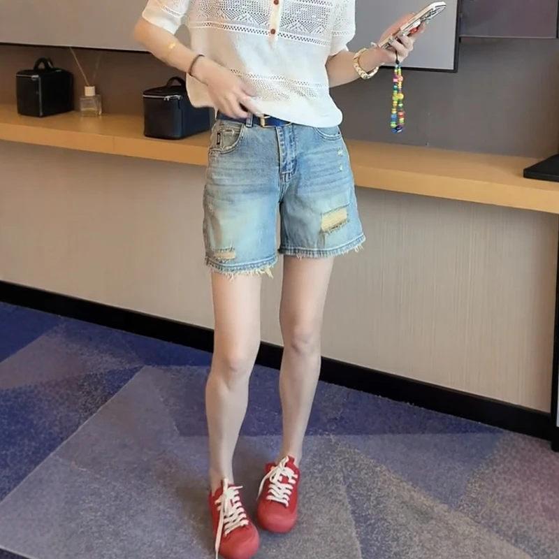 2025夏季新款百搭破洞无弹直筒牛仔短裤高腰显瘦宽松a字阔腿裤子