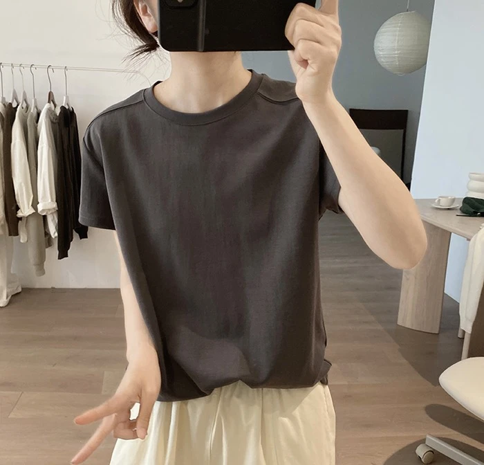 欧货灰色短袖t恤女2025夏季新款正肩显瘦百搭简约气质上衣体恤衫