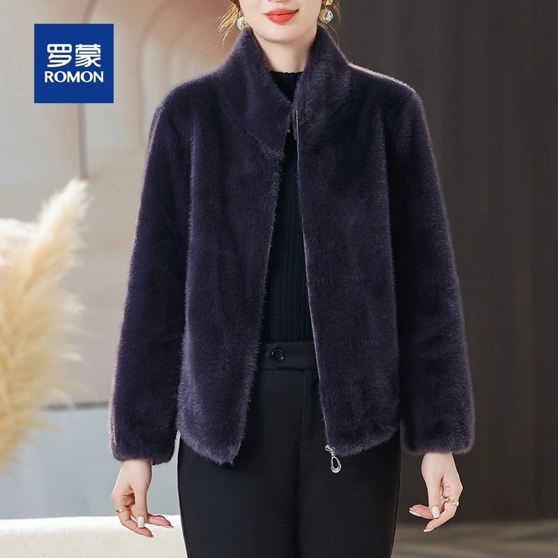 罗蒙休闲妈妈秋装短款外套女冬季皮毛一体时尚加厚保暖毛呢上衣服