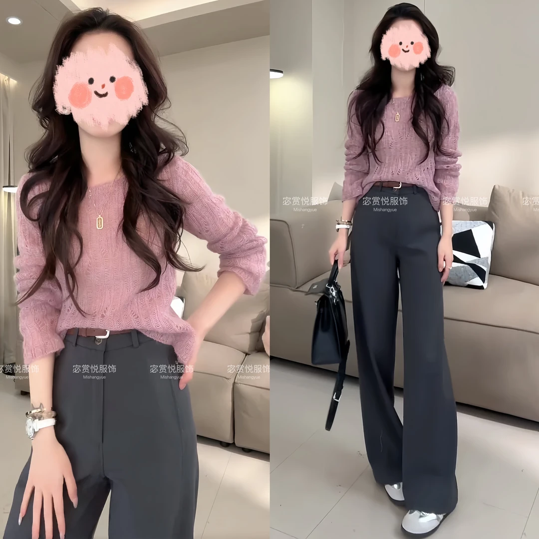 早春穿搭一整套女装气质镂空针织上衣休闲西装裤网红洋气炸街女装