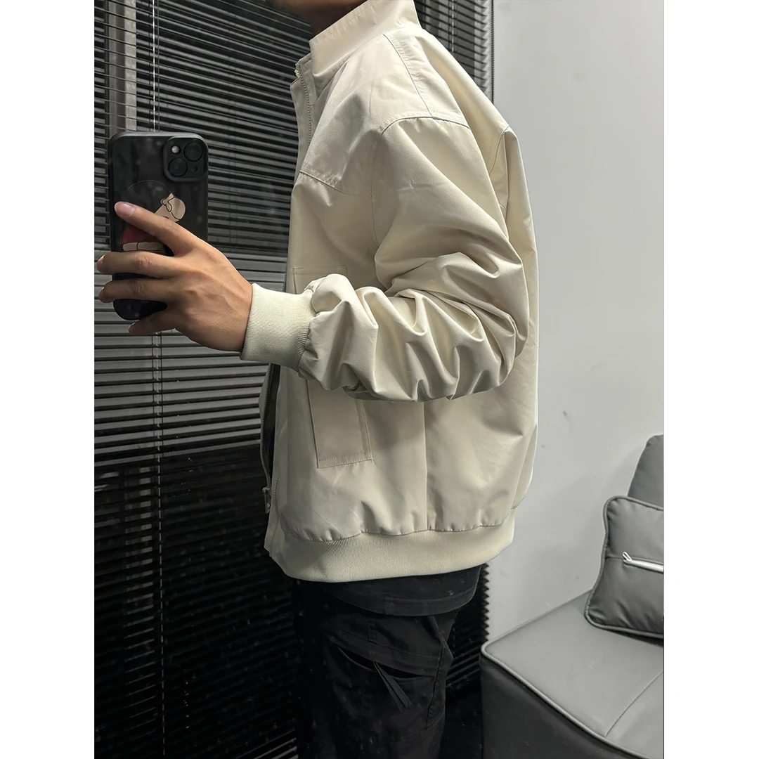 米白色美式短款立领夹克男春秋季cleanfit飞行员外套痞帅褶皱外衣