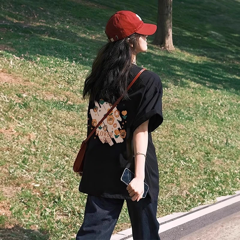 黑色t恤女2025新款爆款夏季纯棉短袖半袖宽松小众别致潮牌ins上衣